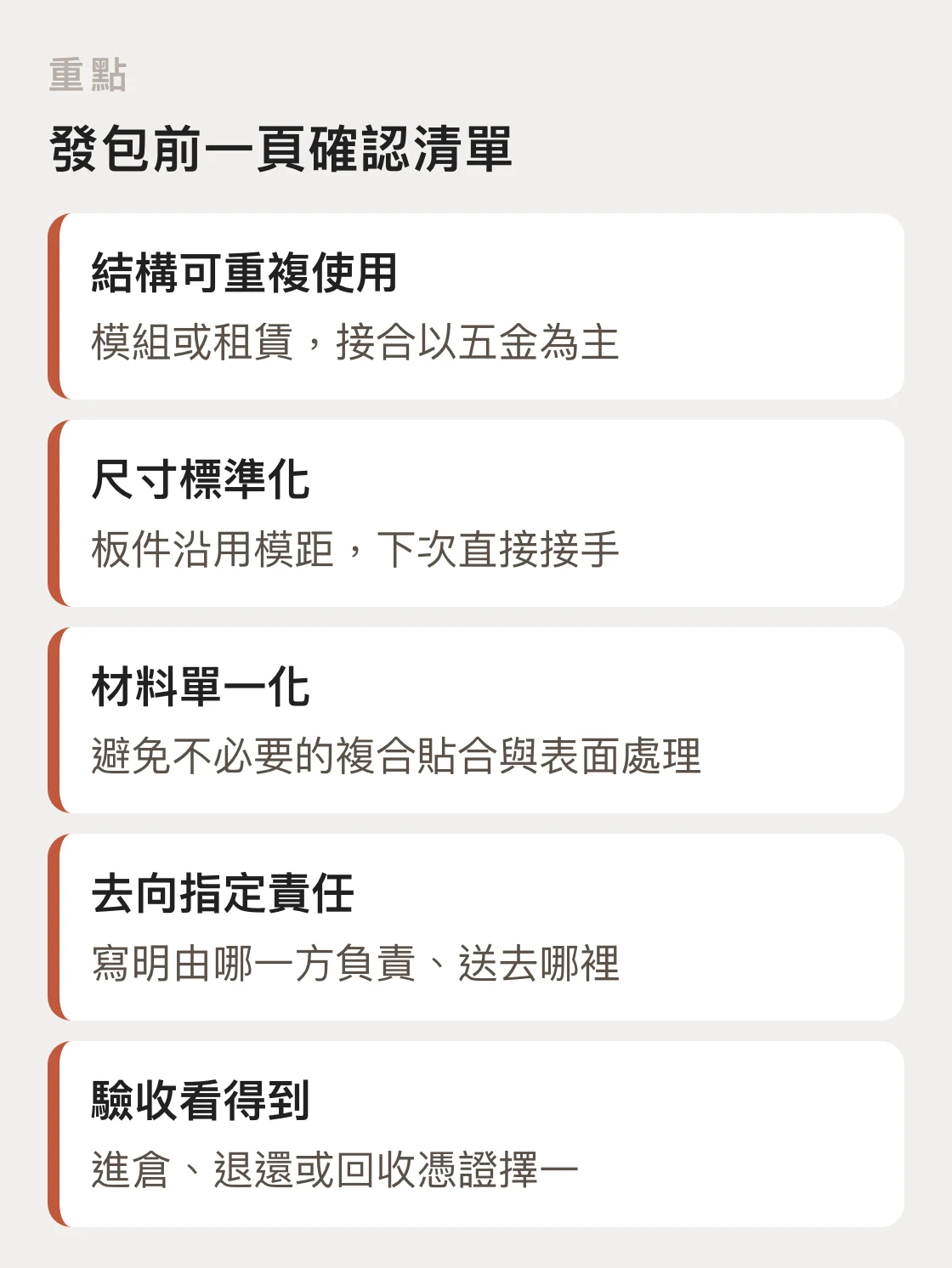 展覽發包前的永續條件確認清單五項重點，涵蓋結構、尺寸、材料、去向與驗收憑證