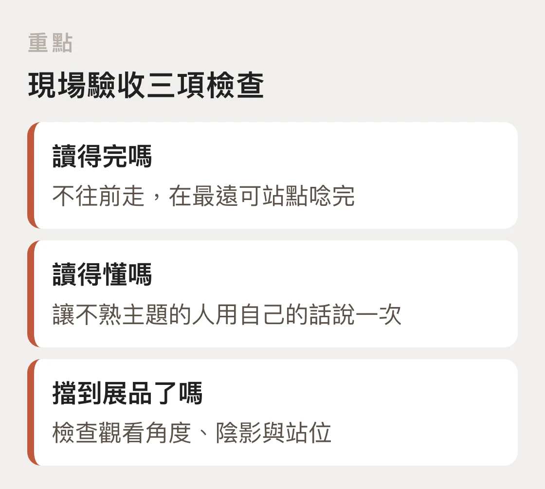 解說牌現場驗收的三項檢查:讀得完、讀得懂、沒有擋到展品